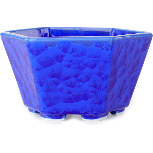 Hexagonal dark blue, crystal glaze bonsai pot by Heian Senzan - 140 x 140 x 75 mm