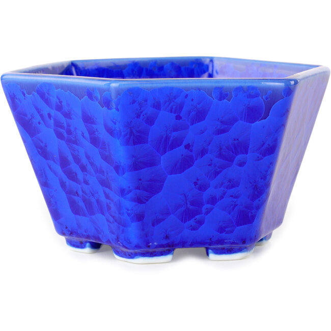 Hexagonal dark blue, crystal glaze bonsai pot by Heian Senzan - 140 x 140 x 75 mm