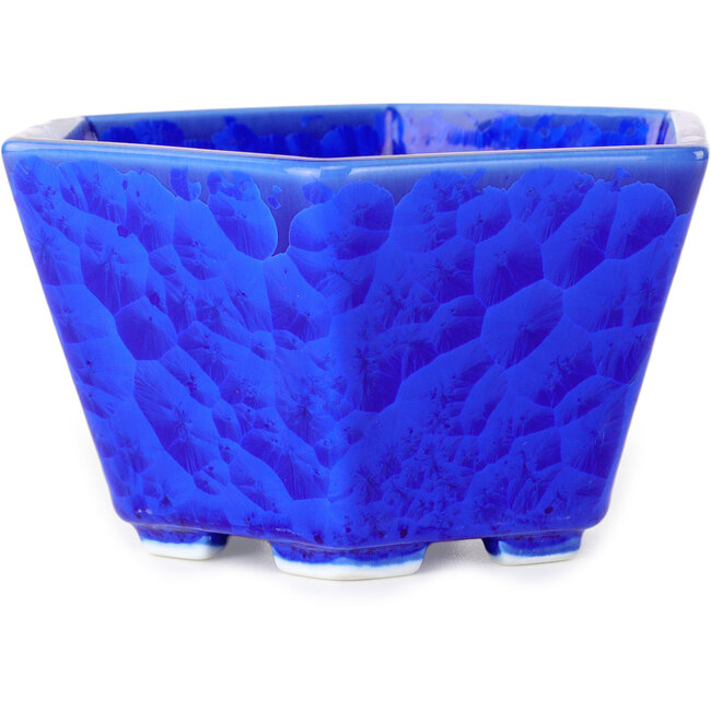 Hexagonal dark blue, crystal glaze bonsai pot by Heian Senzan - 140 x 140 x 75 mm