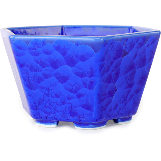 Hexagonal dark blue, crystal glaze bonsai pot by Heian Senzan - 140 x 140 x 75 mm