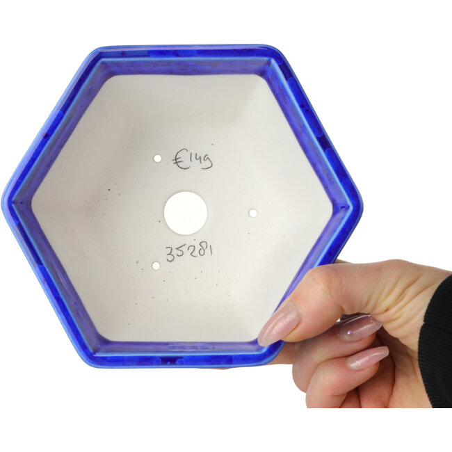 Hexagonal dark blue, crystal glaze bonsai pot by Heian Senzan - 140 x 140 x 75 mm