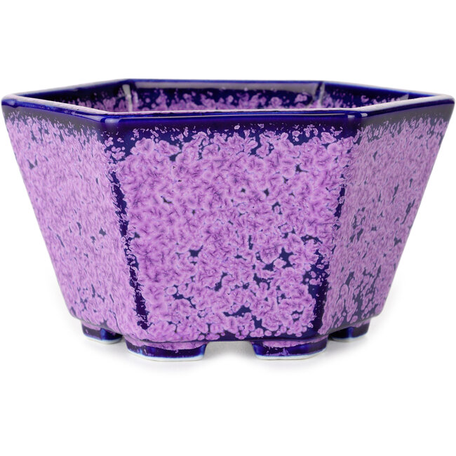 Hexagonal purple, crystal glaze bonsai pot by Heian Senzan - 140 x 140 x 75 mm