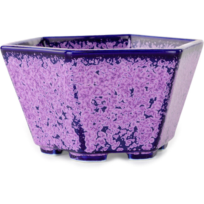 Hexagonal purple, crystal glaze bonsai pot by Heian Senzan - 140 x 140 x 75 mm