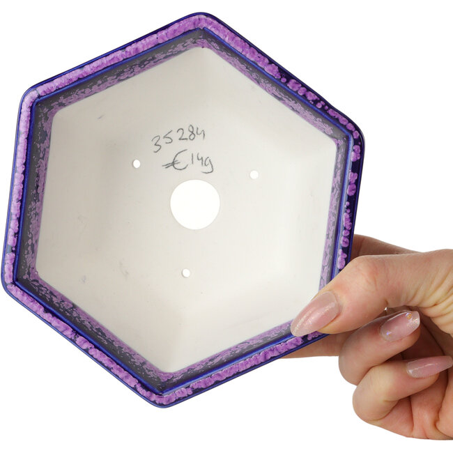 Hexagonal purple, crystal glaze bonsai pot by Heian Senzan - 140 x 140 x 75 mm