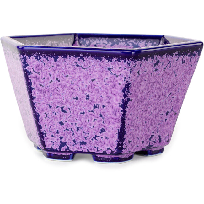 Hexagonal purple, crystal glaze bonsai pot by Heian Senzan - 140 x 140 x 75 mm