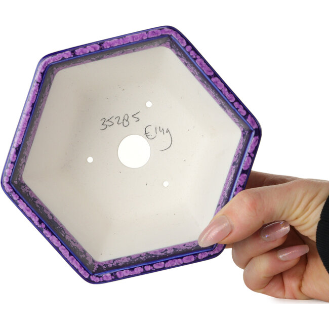 Hexagonal purple, crystal glaze bonsai pot by Heian Senzan - 140 x 140 x 75 mm