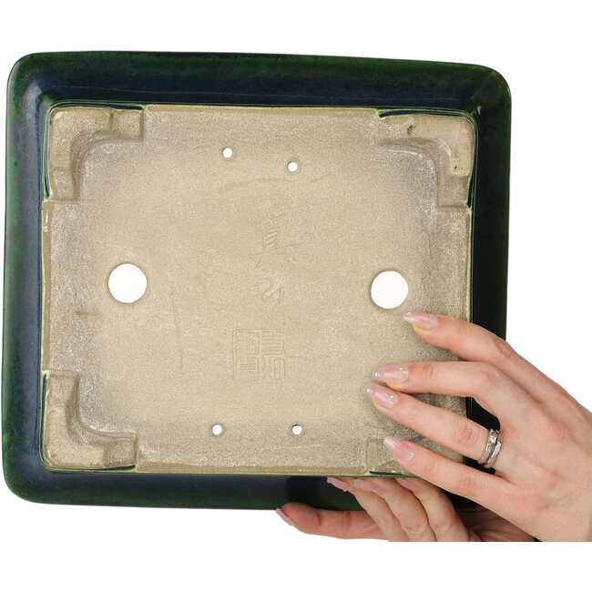 Rectangular green bonsai pot by Terahata Satomi Mazan - 278 x 245 x 90 mm