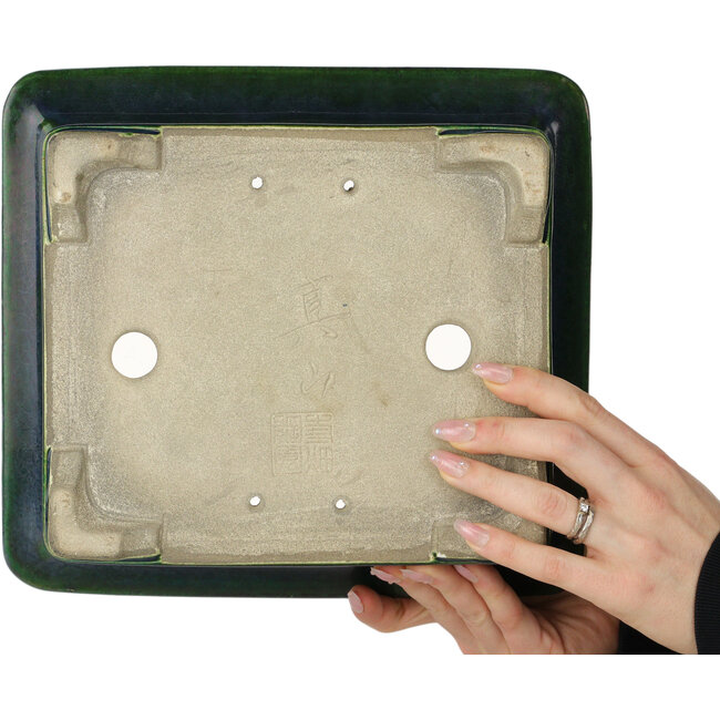 Rectangular green bonsai pot by Terahata Satomi Mazan - 278 x 245 x 90 mm