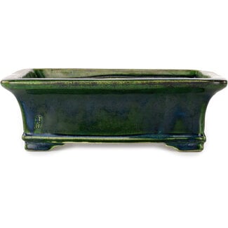  Satomi Mazan, Mazan Terahata 278 mm rectangular green bonsai pot by Terahata Satomi Mazan, Tokoname, Japan