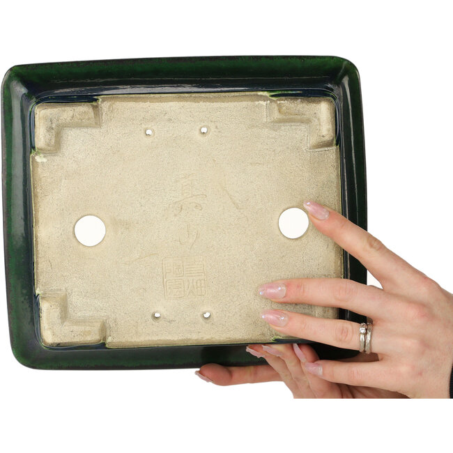 Rectangular green bonsai pot by Terahata Satomi Mazan - 250 x 215 x 82 mm