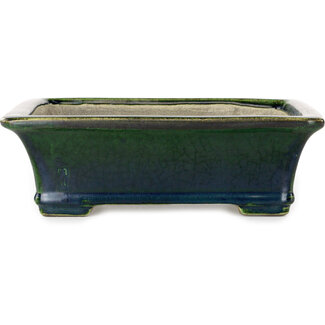  Satomi Mazan, Mazan Terahata 250 mm rectangular green bonsai pot by Terahata Satomi Mazan, Tokoname, Japan