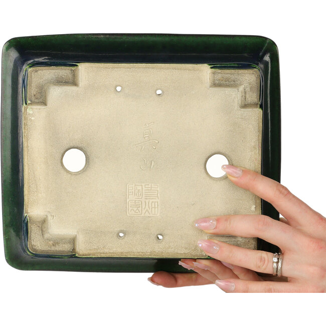 Rectangular green bonsai pot by Terahata Satomi Mazan - 250 x 215 x 82 mm