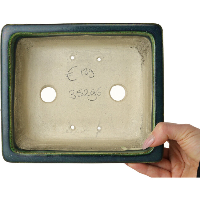 Rectangular green bonsai pot by Terahata Satomi Mazan - 197 x 168 x 70 mm