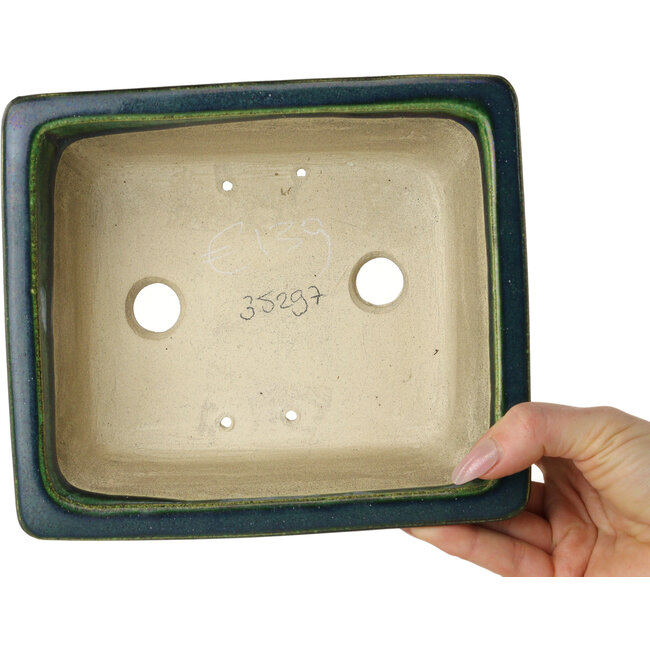 Rectangular green bonsai pot by Terahata Satomi Mazan - 197 x 168 x 70 mm