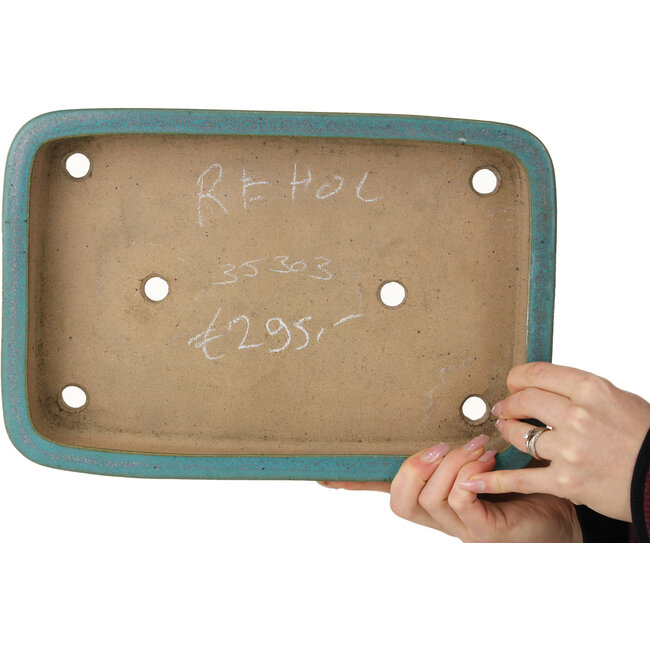 Rectangular teal bonsai pot by Reiho - 342 x 232 x 52 mm