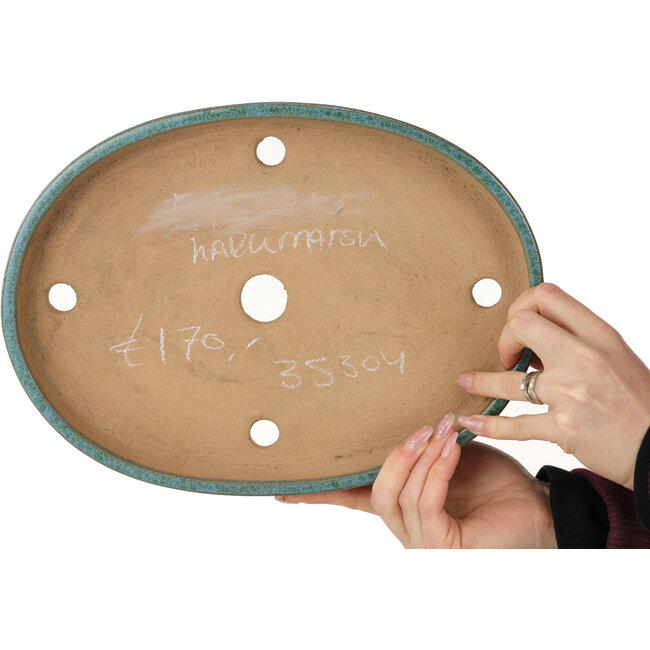 Oval teal bonsai pot by Haru Matsu - 325 x 237 x 37 mm