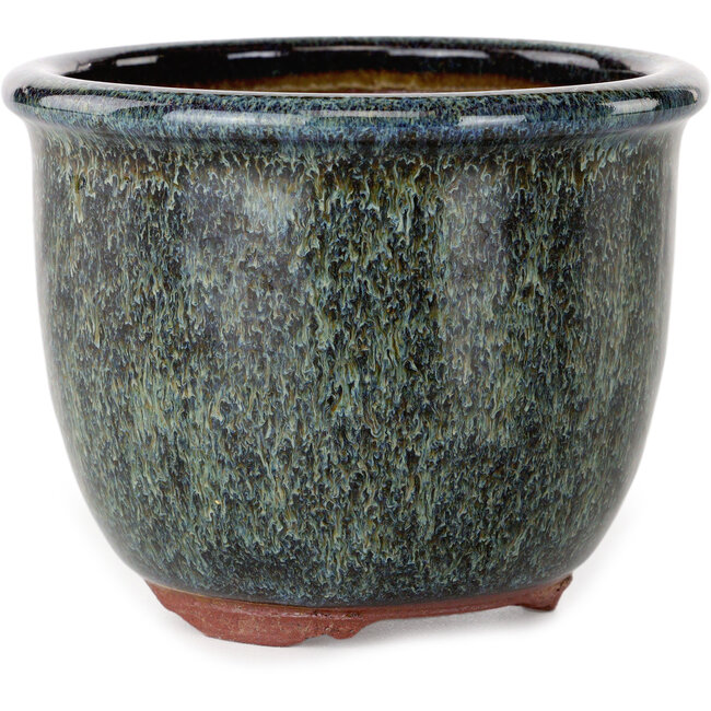 Round black and beige bonsai pot by Eime Yozan - 102 x 102 x 82 mm