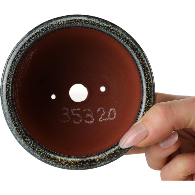 Round black and beige bonsai pot by Eime Yozan - 102 x 102 x 82 mm