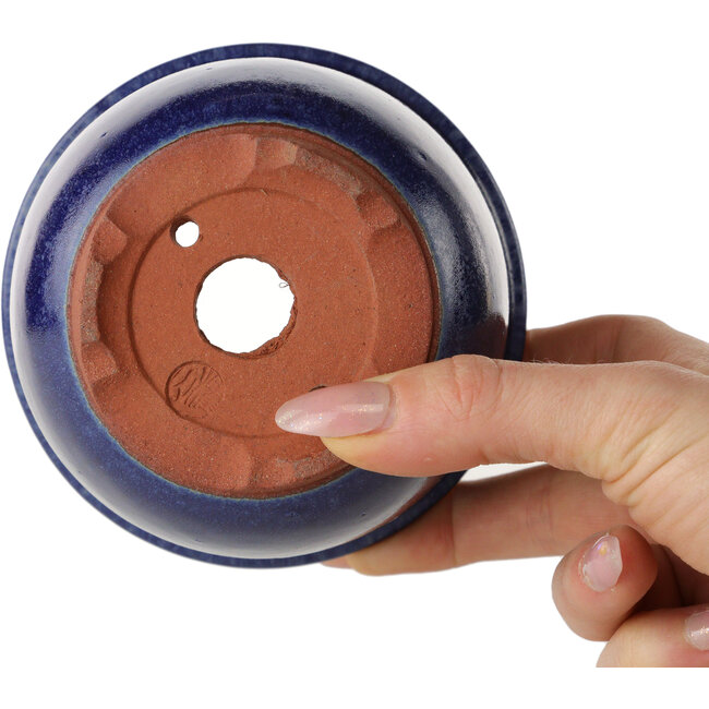Round dark blue bonsai pot by Eime Yozan - 105 x 105 x 85 mm