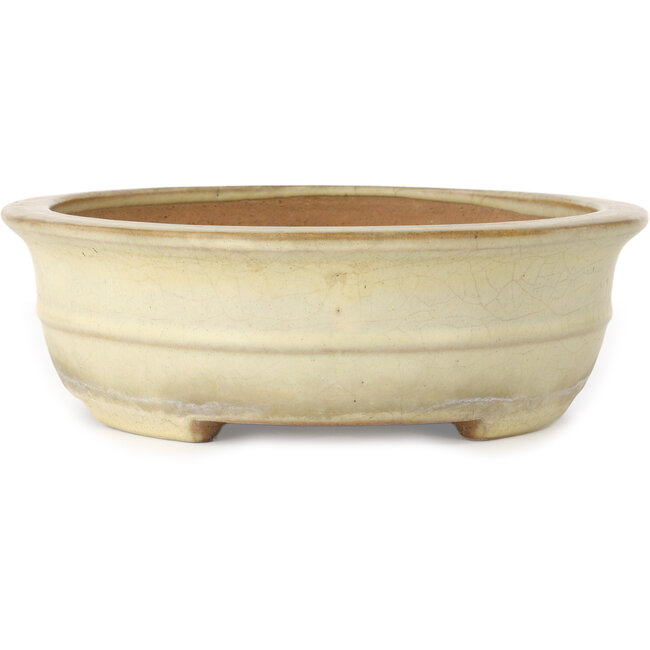 Oval off-white craquelé bonsai pot by Yamafusa - 352 x 277 x 87 mm