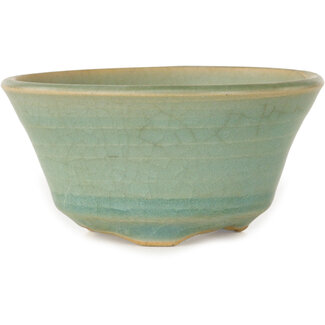 Iss(h)o/ou 105 mm round light blue craquelé bonsai pot by Issho, Japan