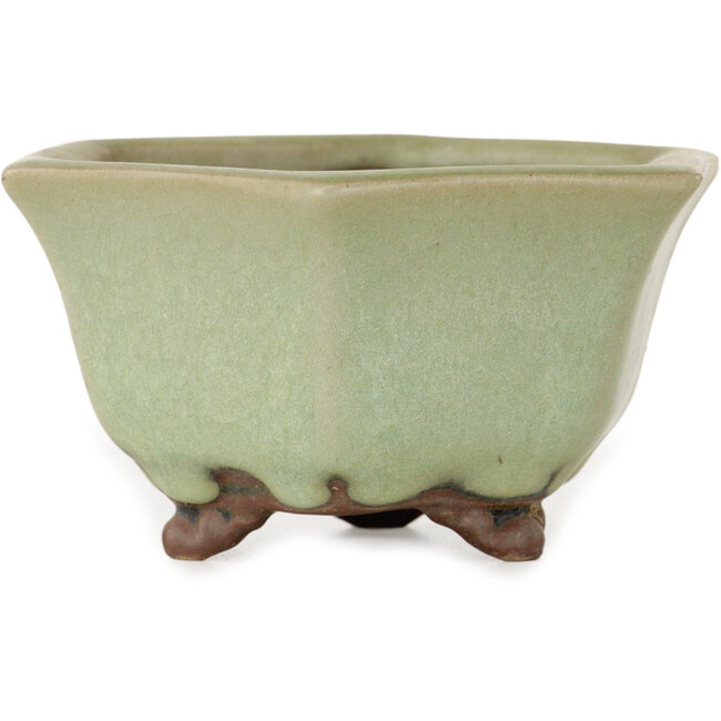 Zeshoekige groene craquelé bonsaipot van Heian Kozan - 110 x 110 x 58 mm