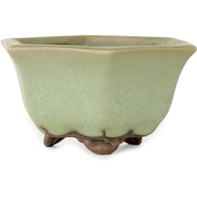 Zeshoekige groene craquelé bonsaipot van Heian Kozan - 110 x 110 x 58 mm