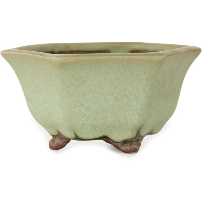 Hexagonal green craquelé bonsai pot by Heian Kozan - 110 x 110 x 58 mm