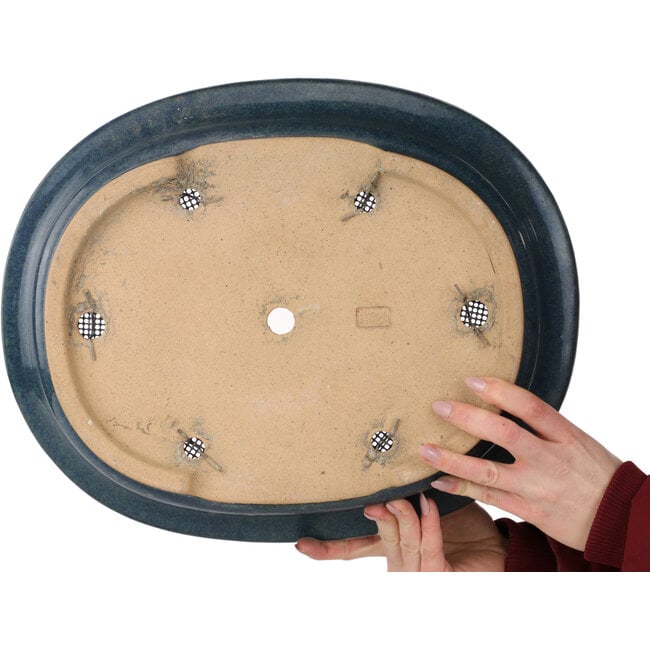 Pot à bonsaï ovale bleu par Seizan (Reihou, Kataoka Katsushi, maître four Seizan) - 414 x 332 x 98 mm