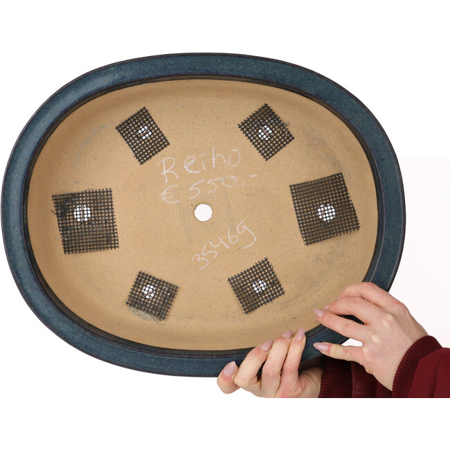 Pot à bonsaï ovale bleu par Seizan (Reihou, Kataoka Katsushi, maître four Seizan) - 414 x 332 x 98 mm