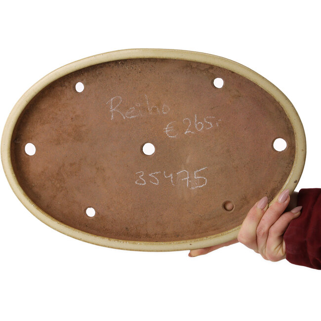 Oval off-white bonsai pot by Seizan (Reihou, Kataoka Katsushi, master Seizan kiln) - 365 x 242 x 33 mm