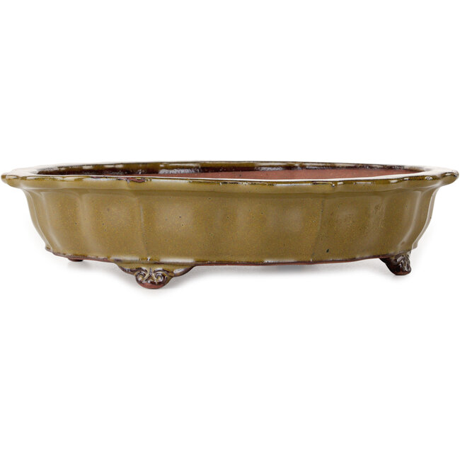 Lotus ochre yellow bonsai pot by Seizan (Reihou, Kataoka Katsushi, master Seizan kiln) - 325 x 325 x 75 mm