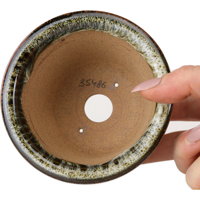 Maceta redonda marrón y blanca para bonsái de Koishiwara - 103 x 103 x 73 mm