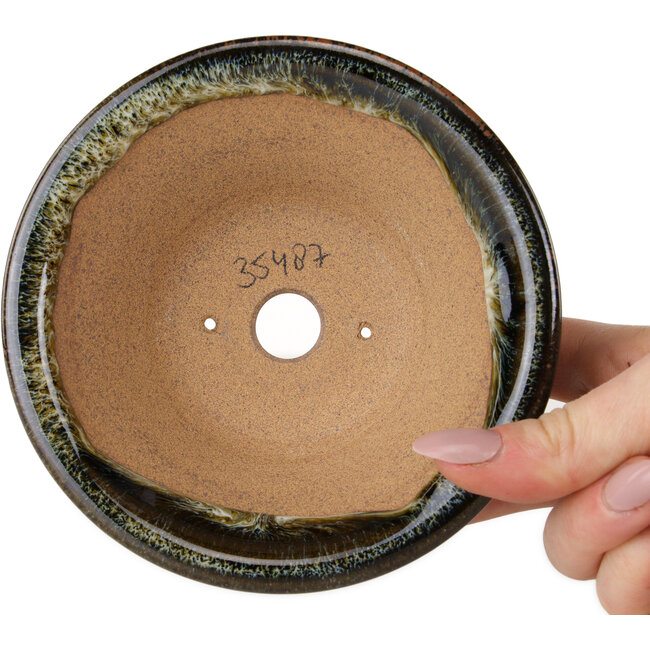 Runder, braun-weißer Bonsai-Topf von Koishiwara – 127 x 127 x 55 mm