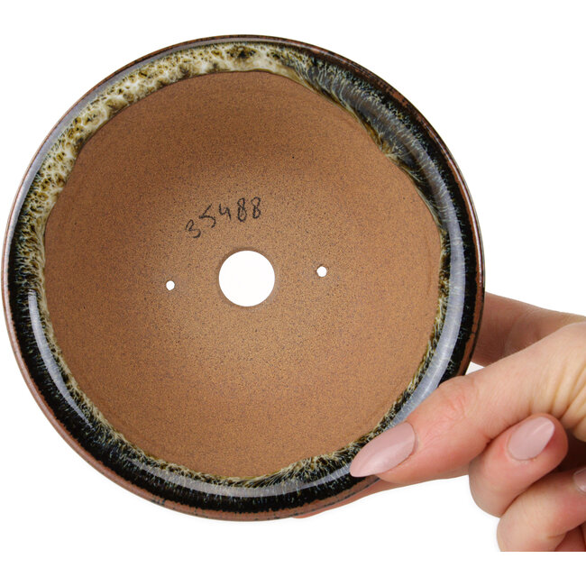 Runder, braun-weißer Bonsai-Topf von Koishiwara – 122 x 122 x 55 mm