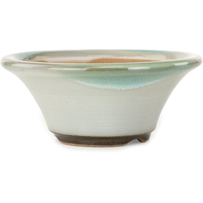 Round white with a blue accent bonsai pot by Koishiwara - 127 x 127 x 55 mm
