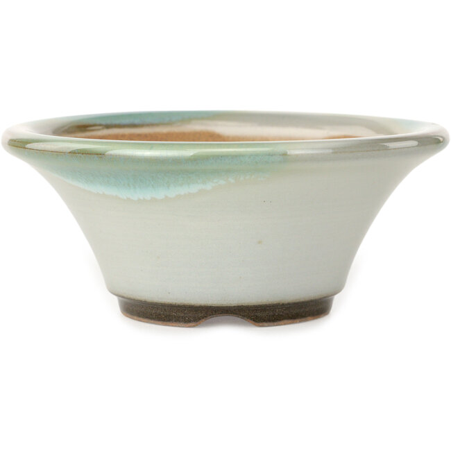 Pot à bonsaï rond blanc avec un accent bleu, par Koishiwara - 127 x 127 x 55 mm