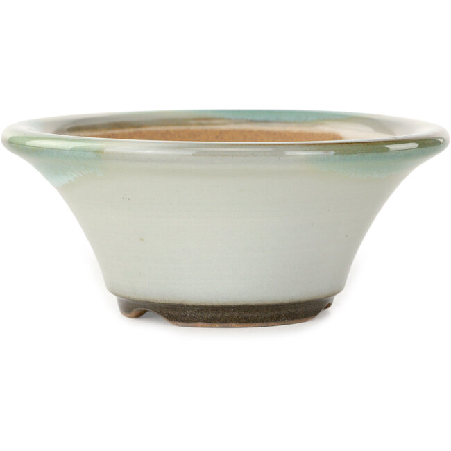 Pot à bonsaï rond blanc avec un accent bleu, par Koishiwara - 127 x 127 x 55 mm