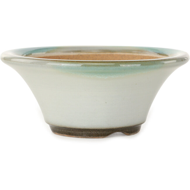 Round white with a blue accent bonsai pot by Koishiwara - 127 x 127 x 55 mm