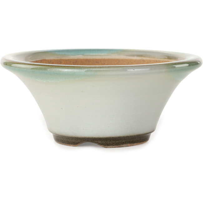 Round white with a blue accent bonsai pot by Koishiwara - 127 x 127 x 55 mm