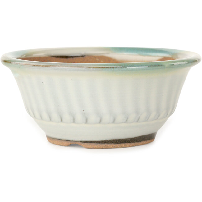 Round white with a blue accent bonsai pot by Koishiwara - 122 x 122 x 55 mm