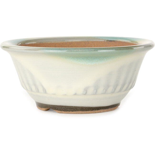Round white with a blue accent bonsai pot by Koishiwara - 122 x 122 x 55 mm