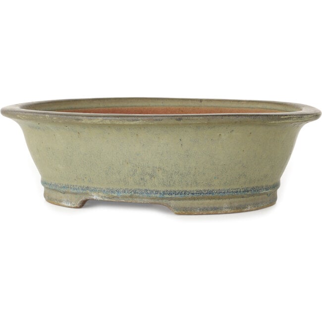 Oval moss green and blue bonsai pot by Seizan (Reihou, Kataoka Katsushi, master Seizan kiln) - 320 x 265 x 95 mm