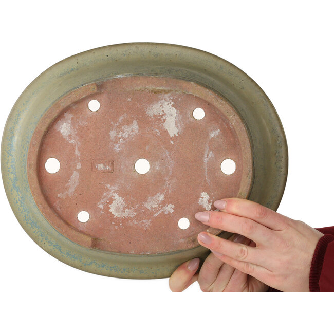 Pot à bonsaï ovale vert mousse et bleu par Seizan (Reihou, Kataoka Katsushi, maître four Seizan) - 320 x 265 x 95 mm