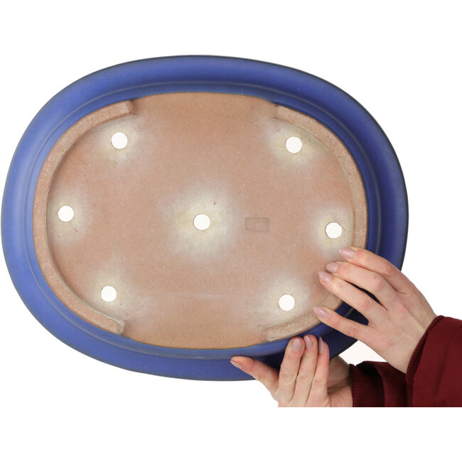 Pot à bonsaï ovale bleu par Seizan (Reihou, Kataoka Katsushi, maître four Seizan) - 410 x 335 x 92 mm