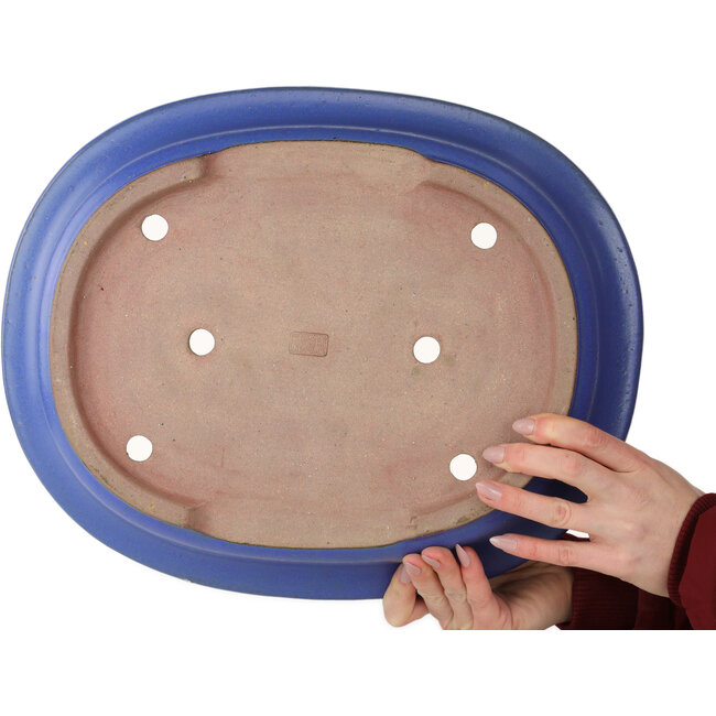 Pot à bonsaï ovale bleu par Seizan (Reihou, Kataoka Katsushi, maître four Seizan) - 405 x 325 x 92 mm