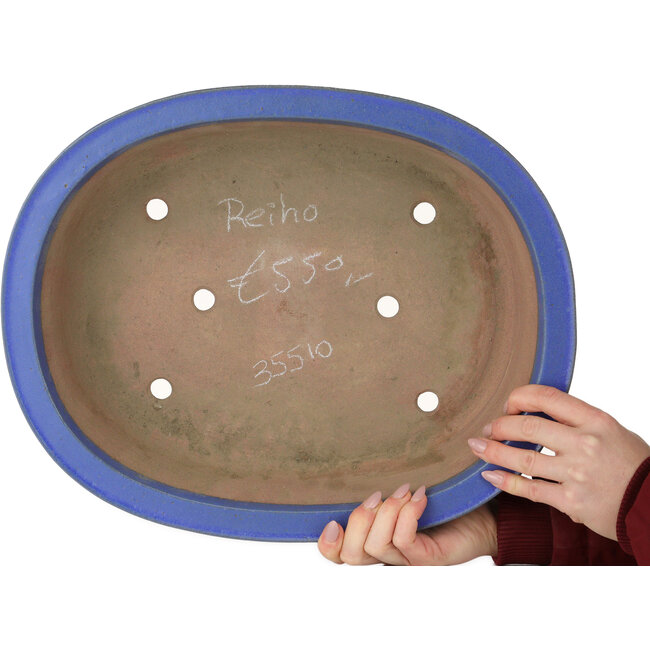 Oval blue bonsai pot by Seizan (Reihou, Kataoka Katsushi, master Seizan kiln) - 405 x 325 x 92 mm