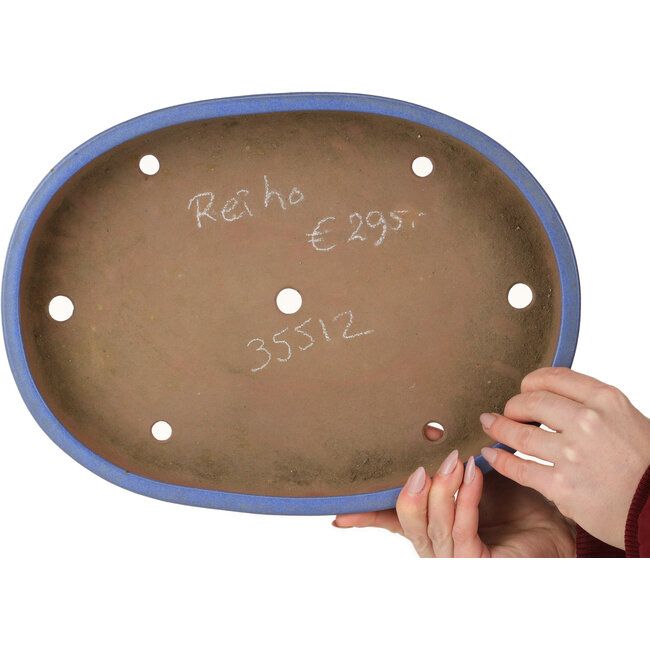 Pot à bonsaï ovale bleu par Seizan (Reihou, Kataoka Katsushi, maître four Seizan) - 345 x 255 x 52 mm