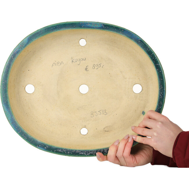 Oval green bonsai pot by Aiba Koyou - 372 x 303 x 70 mm