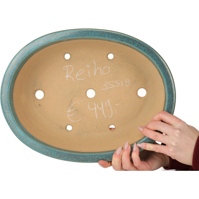 Pot à bonsaï ovale vert par Seizan (Reihou, Kataoka Katsushi, maître four Seizan) - 353 x 270 x 105 mm